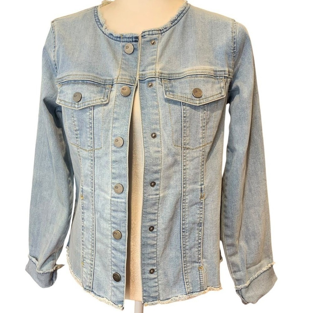 LOGO Lori Goldstein Denim Jacket Womens 0 Light Wash Frayed Collarless Boho